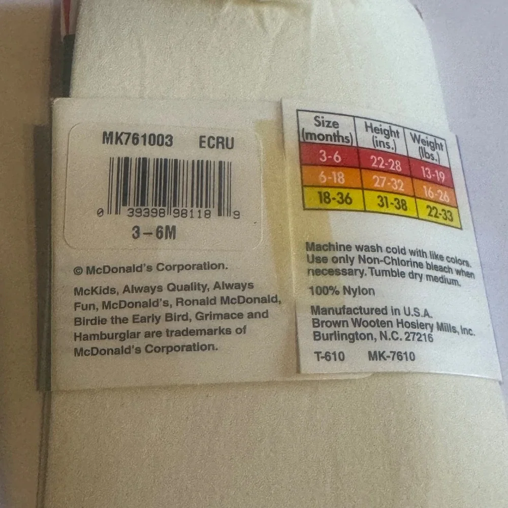 McKids Vintage Ecru Nylon Opaque Tights 3-6 Months McDonald's MK761003 USA Made